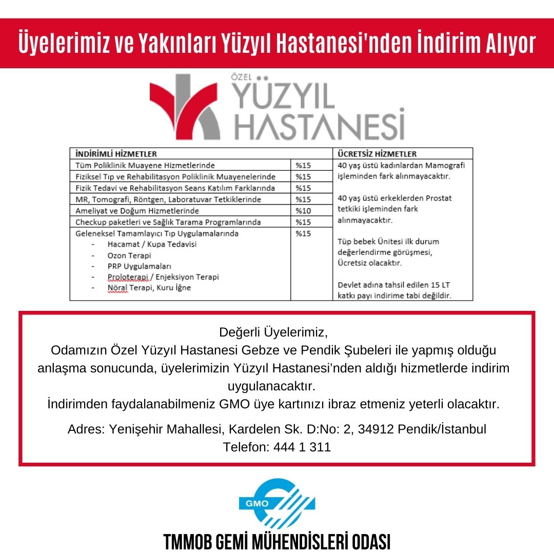 ÜYELERİMİZ VE YAKINLARI YÜZYIL HASTANESİ'NDEN İNDİRİM ALIYOR