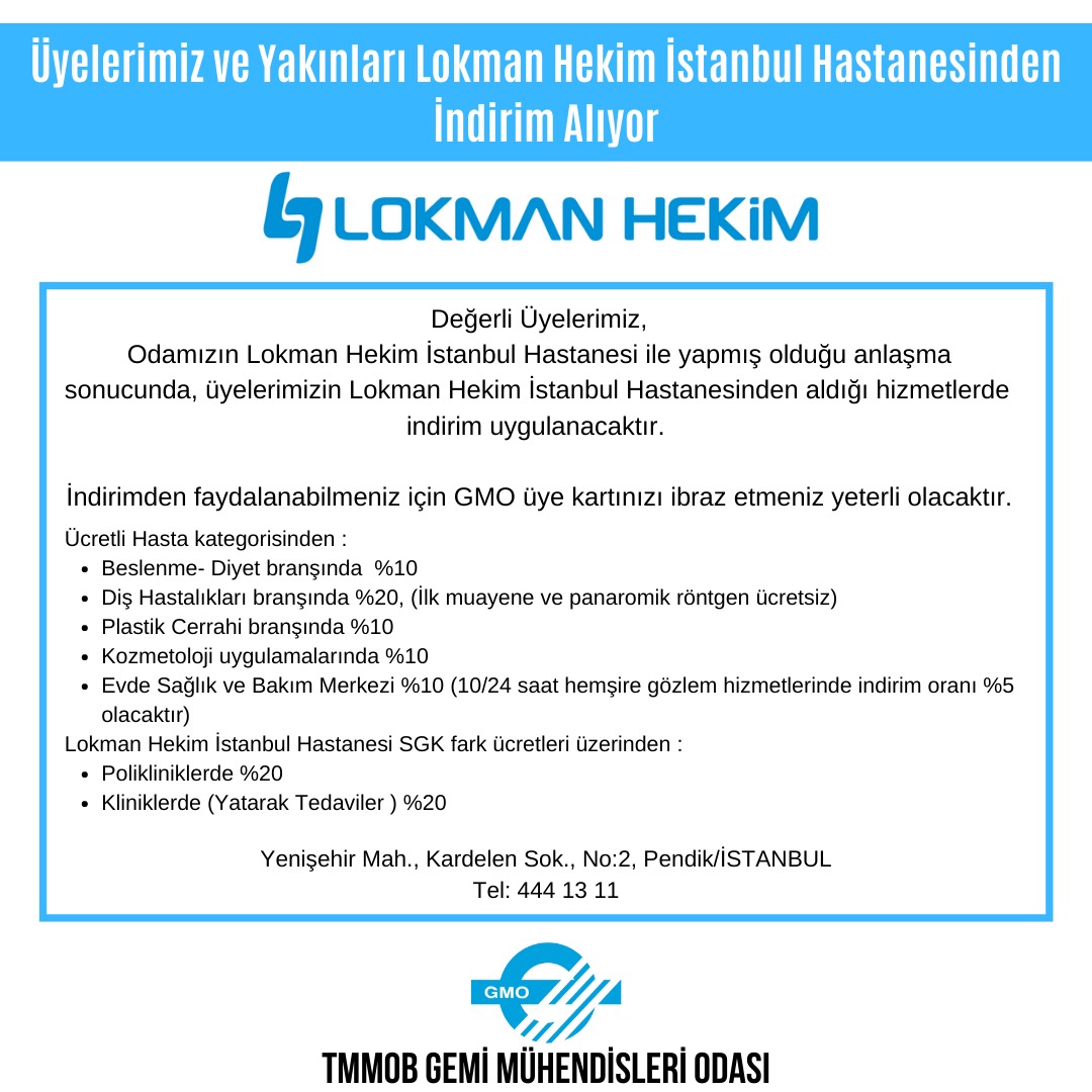 ÜYELERİMİZ VE YAKINLARI LOKMAN HEKİM İSTANBUL HASTANESİNDEN İNDİRİM ALIYOR