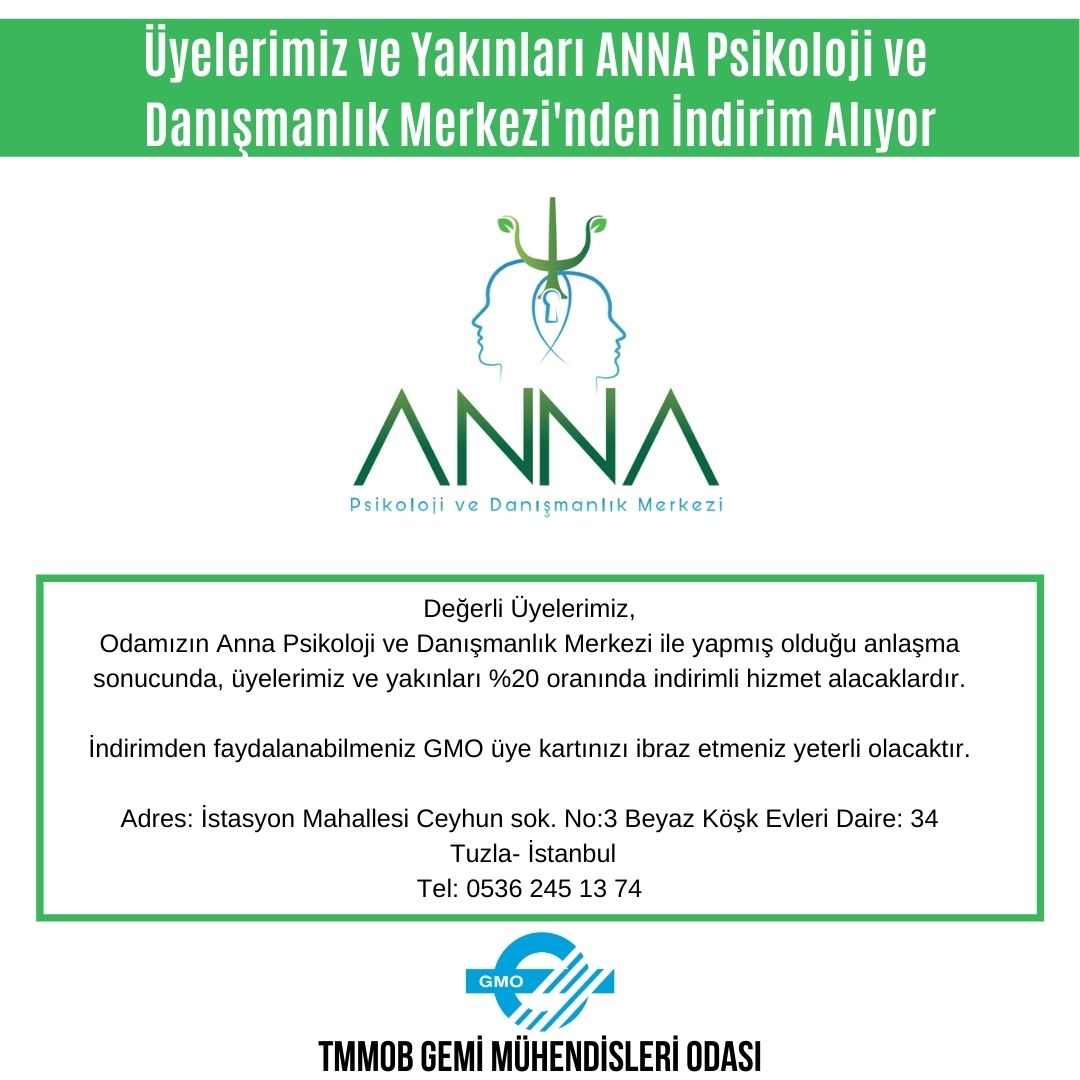 ÜYELERİMİZ VE YAKINLARI ANNA PSİKOLOJİ VE DANIŞMANLIK MERKEZİ'NDEN İNDİRİM ALIYOR