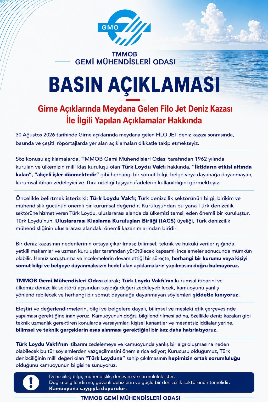 GİRNE AÇIKLARINDA MEYDANA GELEN FİLO JET DENİZ KAZASI İLE İLGİLİ YAPILAN AÇIKLAMALAR HAKKINDA