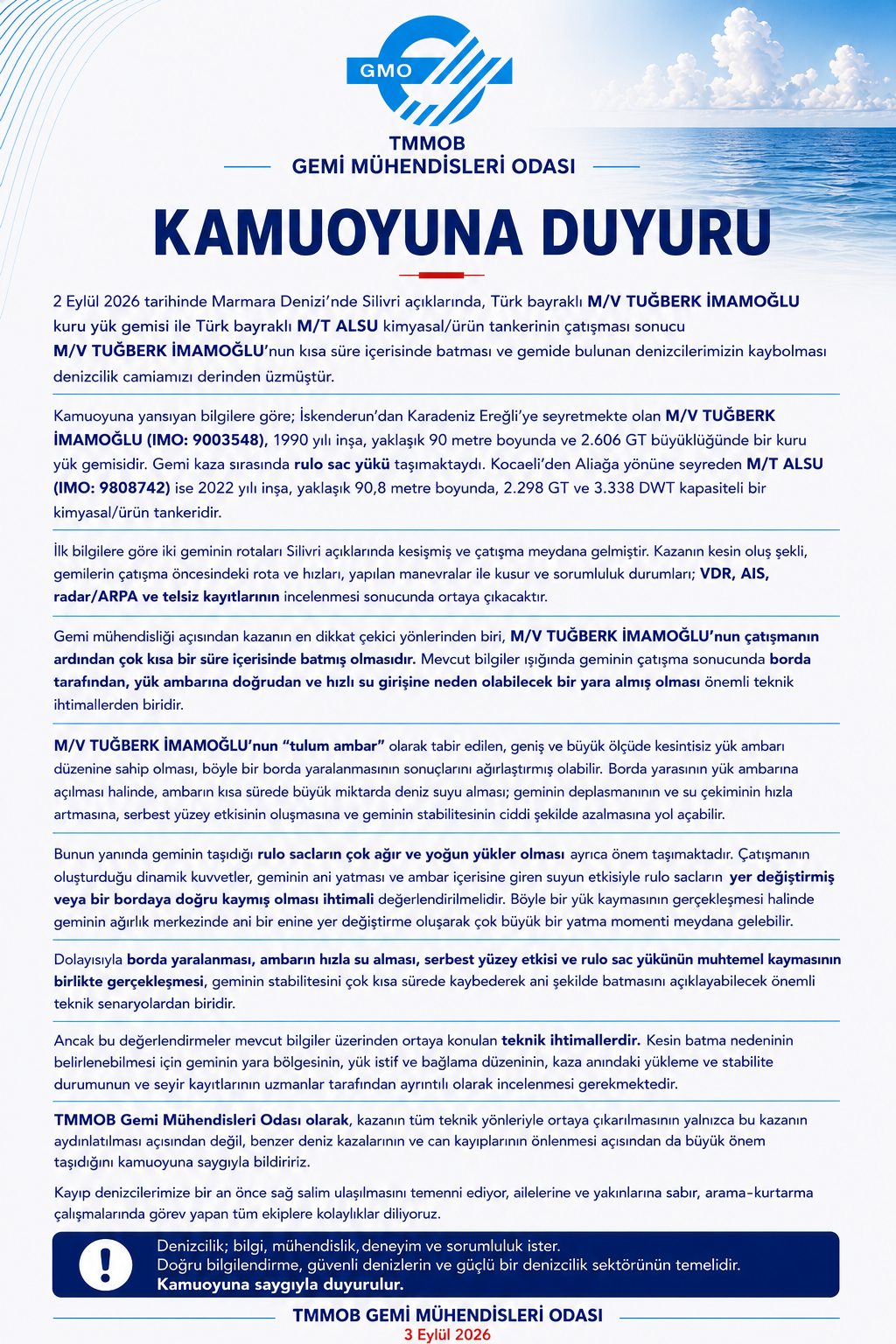 M/V TUĞBERK İMAMOĞLU M/T ALSU DENİZ KAZASI HAKKINDA AÇIKLAMA