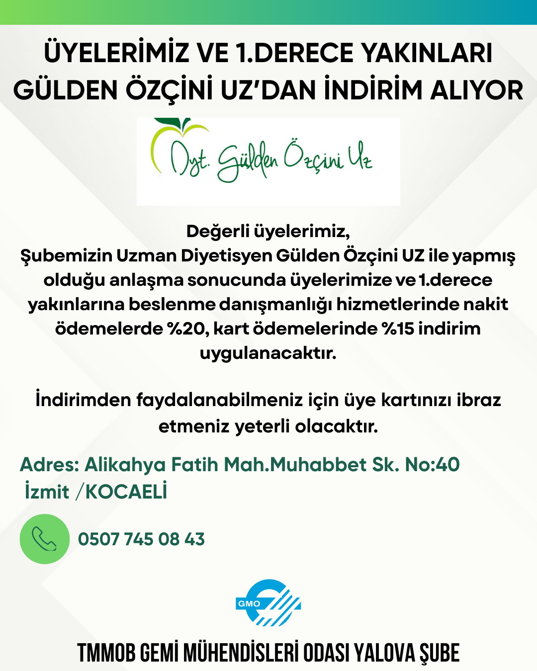 ÜYELERİMİZ VE 1.DERECE YAKINLARI UZMAN DİYETİSYEN GÜLDEN ÖZÇİNİ UZ'DAN İNDİRİM ALIYOR !